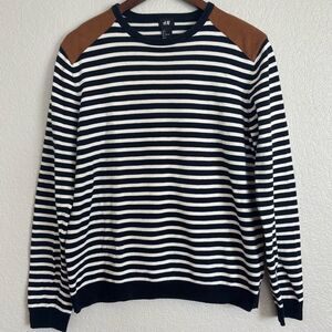H&M Striped Navy and White Sweater with Suede Shoulder Patches Size Large